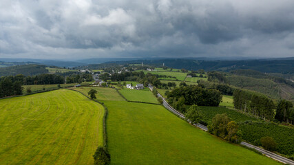 Fototapeta na wymiar Aerial rural landscape in the Belgian Ardennes, in G'doumont (Malmedy), Belgium