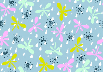 Vector seamless pattern with simple dragonflies drawn by children's hands. Trendy and fashionable print for boys and girls. Illustration for envelopes, textiles, notebooks, and holidays.