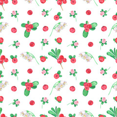 Seamless pattern cranberry watercolor. Red berry background. Wild berry, lingonberry illustration. Cranberries, wild flowers, green leaves, branches. For design business card, label