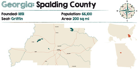Large and detailed map of Spalding county in Georgia, USA.
