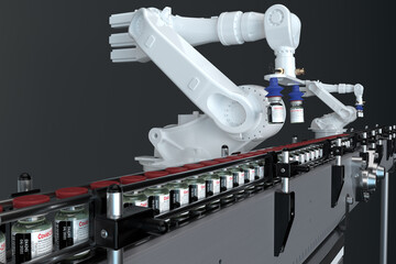 industrial robots on the production line at a COVID-19 vaccine factory