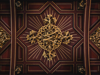 LVIV, UKRAINE - FEBRUARY 10, 2021: The Armenian Cathedral of the Assumption of Mary. Wooden carved ceiling.