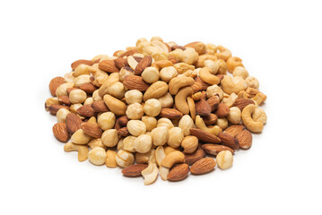 Mix of nuts isolated on white background. Top view.