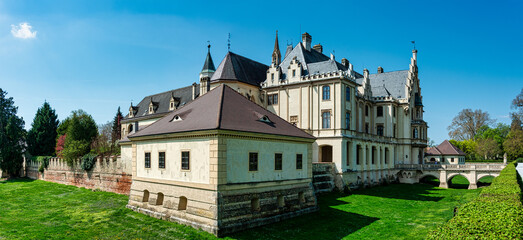 Beautiful palace called Grafenegg palace in classic style and green park near it