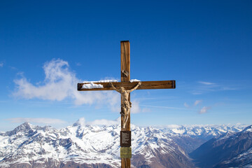 Crucifix on top of mountain Klein Matterhorn in Switzerland