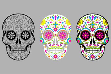 Mexican Sugar skulls, Day of the dead vector illustration on grey background 