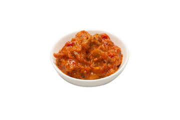 Vegetable stew in a bowl isolated on white background.