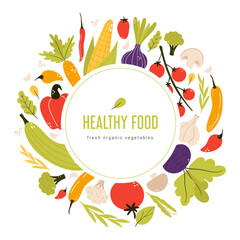 Hand drawn vegetables. Circle white frame with place for text. Cartoon style vector illustration isolated on white background. Fresh, organic, delicious vegetables, healthy vegetarian food. Vegan menu