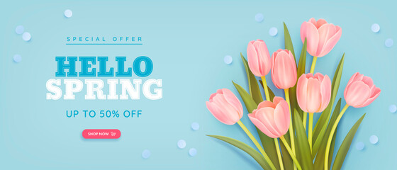 Spring special offer vector banner background with spring season sale text and tulip flowes. Can be used for web banners, wallpaper, flyers, voucher discount. Vector illustration