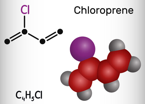 Chloroprene molecule. It is chloroolefin, used as monomer for polymer polychloroprene, a type of synthetic rubber, neoprene. 3D molecular model