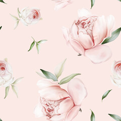 Seamless pattern with roses and peonies in a gentle range