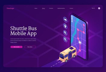 Shuttle bus mobile app isometric landing page