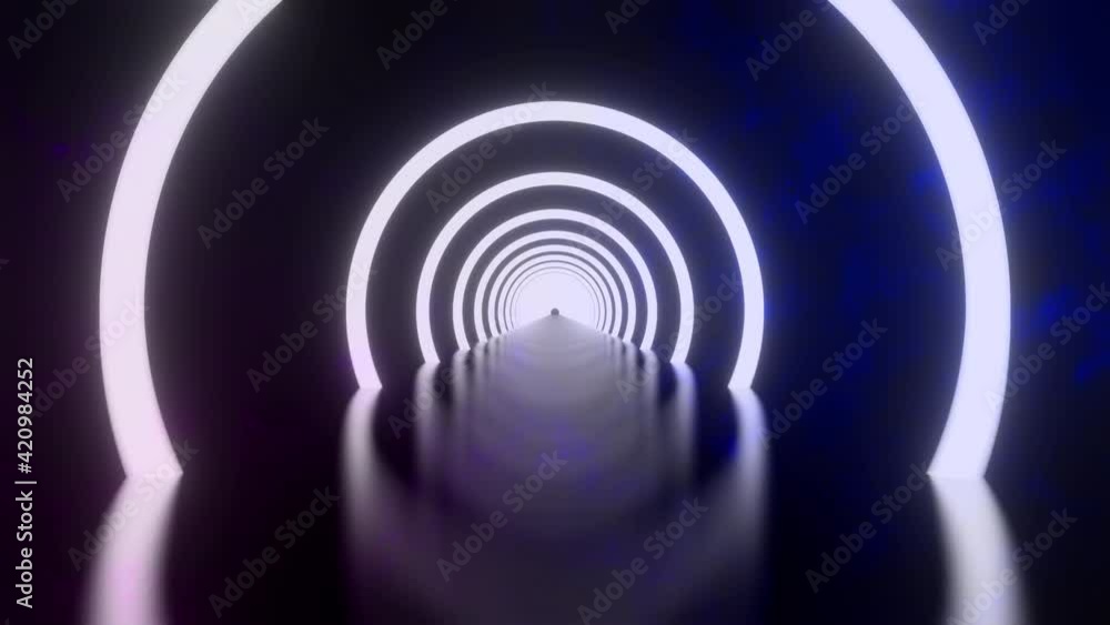 Wall mural 3d rendering, loop motion of glowing neon ring and on dark galaxy star background. neon light abstra