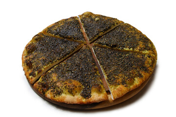 zaatar manakeesh, traditional lebanese herb-spiced pita bread, isolated on white