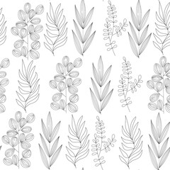 Seamless pattern of different types of field grasses and branches. Plant ornament from elements line art. Concept of ecology, environment, nature conservation. For paper, covers, fabrics. Vector