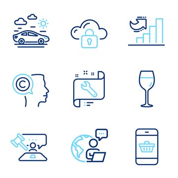 Business icons set. Included icon as Cloud protection, Wine glass, Car travel signs. Vector