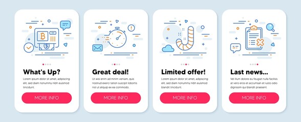 Set of Business icons, such as Timer, Candy, Bitcoin atm symbols. Reject checklist line icons. Vector