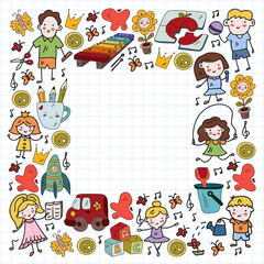 Vector pattern. Kindergarten and toys. Little children game. Kids playground. Education, creativity, imagination.