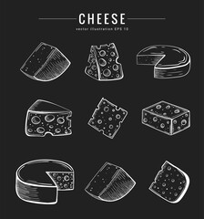 Hand drawn cheese collection. Different types of cheese. Chalk style vector illustration. Cheddar, parmesan, brie, dairy snack. Outline illustration, chalkboard sketch style.   © Alina Mosinyan