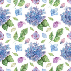 Watercolor seamless pattern of blue hydrangea clouds hand-drawn. Delicate floral background with purple and blue petals and green leaves. Texture for fabric, wrapping paper