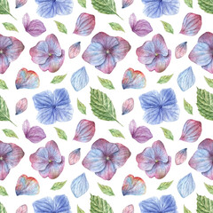 Watercolor seamless pattern with illustration of blue and purple hydrangea flowers and petals and green leaves. Texture for fabric, wrapping paper