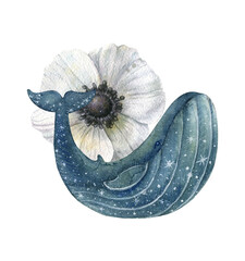 Watercolor illustration of blue whale decorated with stars and white big anemone flower