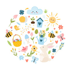 Spring and Easter collection in round frame. Bunny, eggs, butterflies, bees, sun, basket with eggs, flowers. Hand drawn cartoon style vector illustration. Springtime, Design elements.
