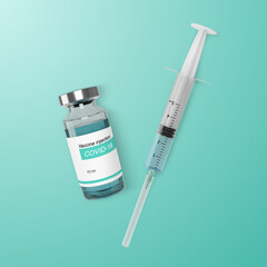 Realistic ampoule with vaccine and syringe template for web banner. Vaccination and treatment concept. Vector