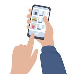 Hands with smartphone make purchases online through mobile applications. A person makes an order in an online store, selects products, food in a restaurant. Safe and comfortable shopping. vector