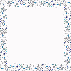 Isolated frame of drawn blue forest berries and blue leaves in gzhel style on white background