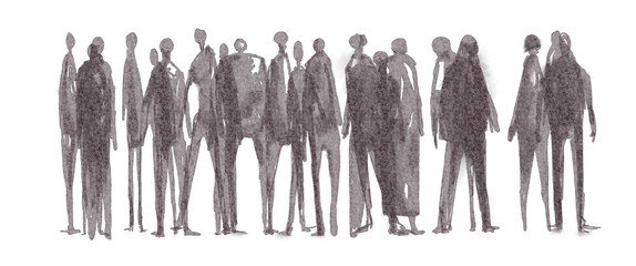 Watercolor ink architectural people sketch on white background