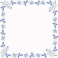 Isolated frame of drawn blue forest berries and blue leaves in gzhel style on white background