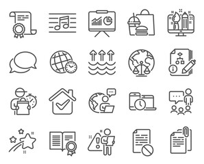 Education icons set. Included icon as People chatting, Wrong file, Time zone signs. Vector