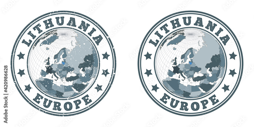Poster lithuania round logos. circular badges of the country with a map of lithuania in a world context. pl