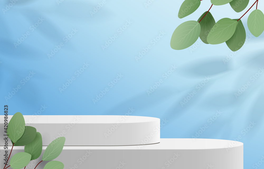 Wall mural abstract minimal scene with geometric forms. cylinder podium in blue background with leaves. product