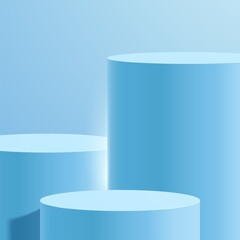 Abstract minimal scene with geometric forms. cylinder podium in blue background with leaves. product presentation, mock up, show cosmetic product, Podium, stage pedestal or platform. 3d vector
