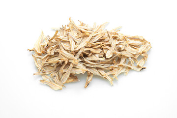 dried small crispy fish on white background