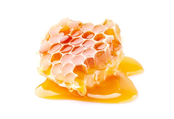 Honeycomb with honey in closeup on white background