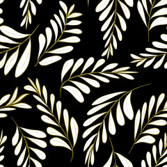 Pattern with gold branches on black background. Designed for textule fabrics, wrapping paper, walls.