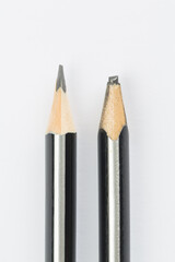 Two pencils, one absolutely new sharp were never used and the second one looking not good, but made so much work, concept about made mistakes and experience and achieve goals though that