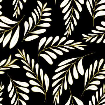 Pattern with gold branches on black background. Designed for textule fabrics, wrapping paper, walls.