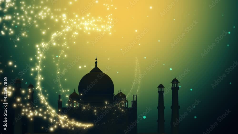 Wall mural ramadan kareem background loop. silhouette of taj mahal with particle glitter glow and crescent moon
