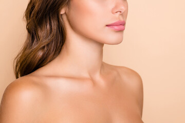 Cropped photo of nice long hairdo optimistic lady without clothes isolated on pastel beige color background