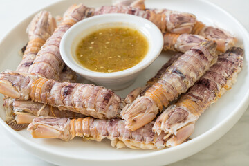 steamed crayfish or mantis shrimps or stomatopods