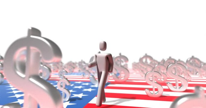 3D character, all white, in human form walking through a multitude of silver dollar symbol, on the USA flag background
