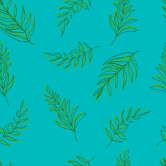 seamless pattern palm leaves green leaves and contours on background. For textiles, packaging, fabrics, wallpapers, backgrounds, invitations. Summer tropics hand illustration