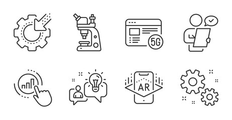 5g internet, Seo gear and Idea icons set. Graph chart, Customer survey and Work signs. Vector