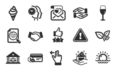 Analytics chart, Ice cream and Sunset icons set. Touchscreen gesture, Rating stars and Court building signs. Vector