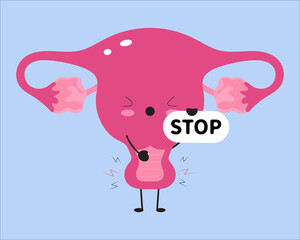 Cute uterus feeling pain with stop sign. Vaginismus concept.