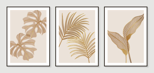 Fototapeta na wymiar Botanical wall art vector set. Golden foliage line art drawing with watercolor. Abstract Plant Art design for wall framed prints, canvas prints, poster, home decor, cover, wallpaper.